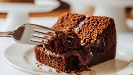 Rich chocolate cake slice with fork taking a bite