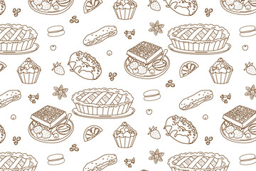 Vector illustration of a seamless pattern featuring various desserts and pastries. The design includes pies, muffins, waffles, and more, ideal for culinary-themed projects.