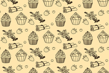 Seamless vector pattern featuring hand-drawn cupcakes, vanilla pods, cinnamon sticks, and berries. Ideal for textile design, wallpapers, and food-themed projects, offering a sweet and whimsical look.