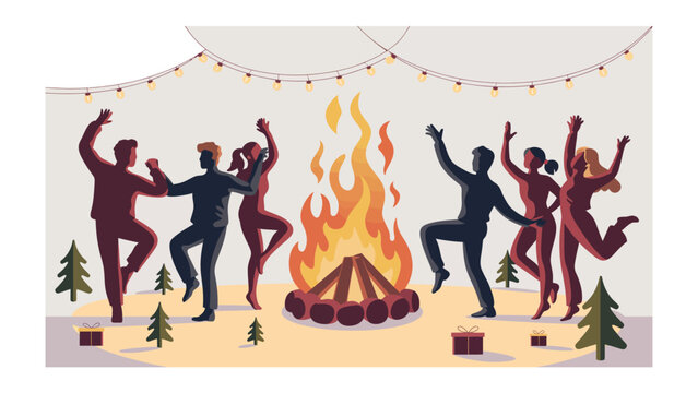 Dancing by the Bonfire: A gathering of friends, silhouettes against the night, dance and celebrate around a crackling bonfire, their joy illuminated by the warm glow and festive lights.