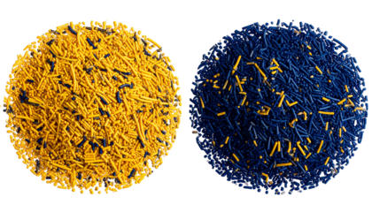 Two close-up spherical formations, one gold, one blue, composed of small bars