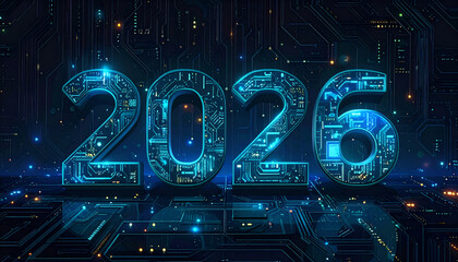 2026 Digital Technology Future Concept Blue Circuit Board Background