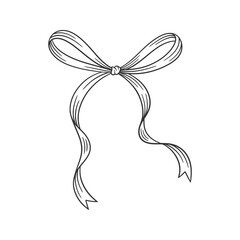 Coquette bow black, line art drawing. Hand drawn illustration of vintage tied ribbon. Wedding, birthday gift, retro style. Cute girly vector illustration. Doodle lace.