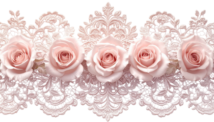 Delicate pink roses adorning intricate lace border, set against a black backdrop