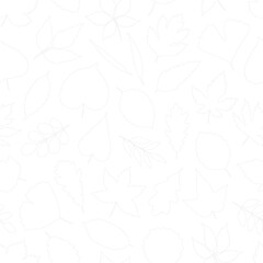 Seamless pattern with gray line art leaves on white background - outline leaf of maple, linden, poplar, ginkgo, and others. Print for textile, package, paper. Vector illustration, minimal style