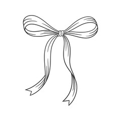 Coquette bow black, thin line drawing. Hand drawn illustration of vintage tied ribbon. Wedding, birthday gift sketch in retro style. Cute girly hairstyle accessories, vector illustration. Doodle lace.