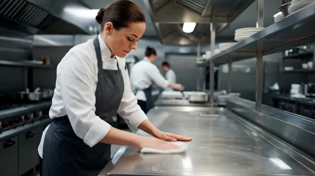 A dedicated female chef cleans a stainless steel countertop in a professional commercial kitchen.