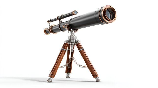 An antique refracting telescope stands on a tripod.