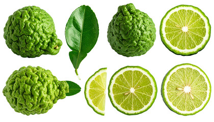 Eight green citrus fruits and leaves on black, some whole, others halved/sliced
