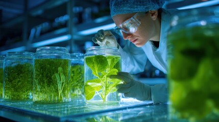 scientist examines plant growth in lab jars