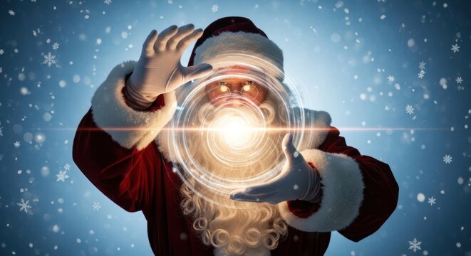 Santa Claus with glowing eyes holds a luminous orb, surrounded by falling snow and a magical blue light.