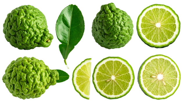 Eight green citrus fruits and leaves on black, some whole, others halved/sliced