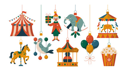Carnival of Delights: A vibrant carousel of circus ornaments, embodying the essence of joy and wonder, awaits with whimsical charm and festive flair. © abidakhatun