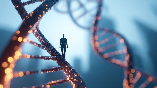 Human figure on glowing DNA strand
