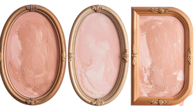 Three ornate gold frames, oval and rectangular, with textured pink interiors