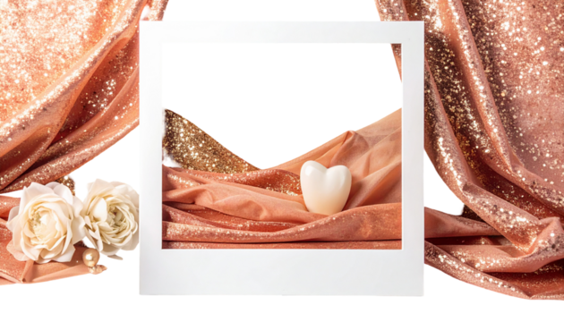 White frame with heart-shaped object on rose-gold fabric, flowers on black
