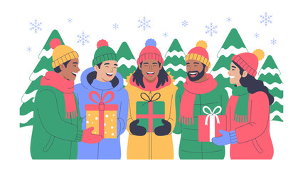 Warm Winter Gift Exchange: A circle of friends exchanging presents amidst a snowy, festive landscape, exuding warmth and camaraderie.