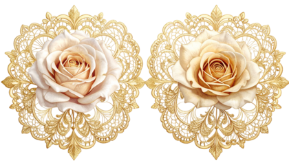 Two elegant roses sit in ornate golden lace frames against a black backdrop