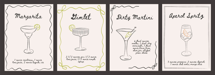 Margarita, Gimlet, Dirty Martini, Aperol Spritz cocktail recipes with ingredients. Minimal whimsical retro bar drink posters set garnished. Hand drawn contemporary graphic print. Vector illustration.