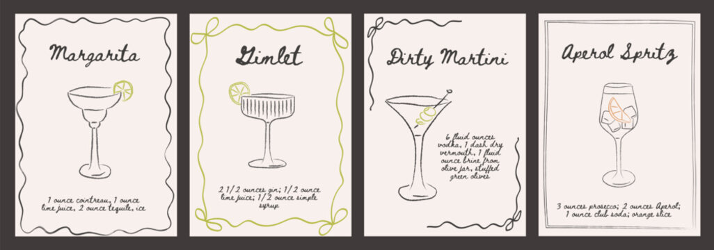 Margarita, Gimlet, Dirty Martini, Aperol Spritz cocktail recipes with ingredients. Minimal whimsical retro bar drink posters set garnished. Hand drawn contemporary graphic print. Vector illustration.