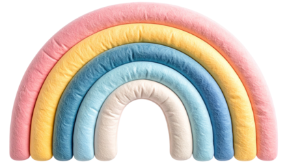 Pastel-hued fabric rainbow with a multi-layered design on white background