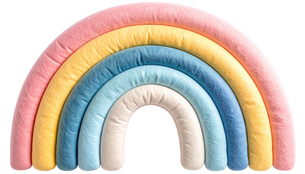 Pastel-hued fabric rainbow with a multi-layered design on white background