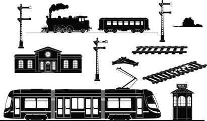 Black silhouette collection of trains tram railway station and signals, train, steam train, locomotive, passenger car, tram, streetcar, railway, railroad, tracks, railroad switch, railway station, tic
