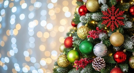 A beautifully decorated Christmas tree adorned with festive ornaments, baubles, pinecones, and a prominent red snowflake against a bokeh background of twinkling lights.