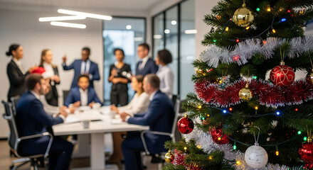 Decorated Christmas tree in focus with blurred group of business professionals meeting in festive office background, symbolizing teamwork, holiday spirit, and corporate celebration — ideal for busines