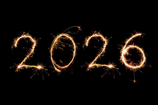 2026 written with Sparkle firework on black background, happy new year 2026 concept