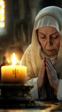 This short runs at dusk. A nun is in a Church offering a prayer. There is a visible reflection. Her hands are clasped together. The scene evokes her faith in God