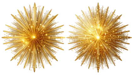Two symmetrical golden starbursts with light bursts and small shimmering dots on black