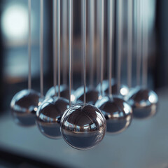 Obraz premium Newton’s cradle with multiple steel balls suspended in symmetry