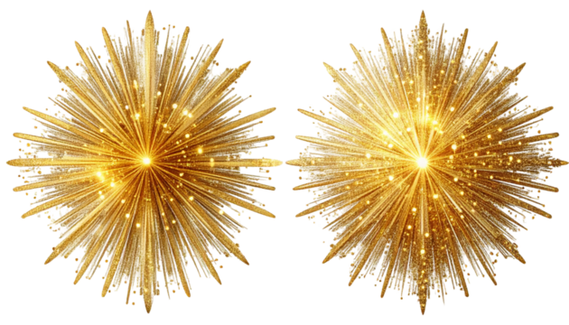 Two symmetrical golden starbursts with light bursts and small shimmering dots on black