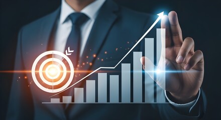 Businessman touching glowing upward trending bar graph with target symbol and star