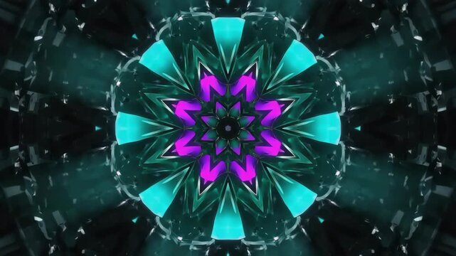 Neon crystal kaleidoscope animation in teal and purple. A mesmerizing, symmetrical abstract background for VJ loops, music events, and meditation. Geometric floral pattern.