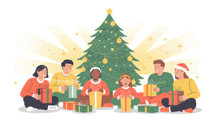Holiday Harmony: A group of individuals is gathered around a festively adorned Christmas tree. They're immersed in the joy of the holiday season, unboxing presents and celebrating togetherness. 