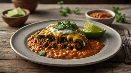 Authentic Mexican chile relleno with beans topped with melted cheese and sour cream