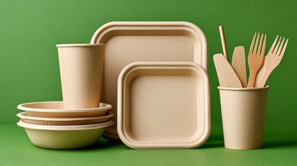 A stylish arrangement of eco-friendly tableware showcases bowls, plates, cups, and utensils made from kraft material. Perfect for eco-conscious dining experiences and events