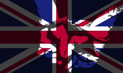 Arrest silhouette fused with British Union Jack flag. Stark stencil art depicting UK crime, protest, and justice. Clean vector graphic