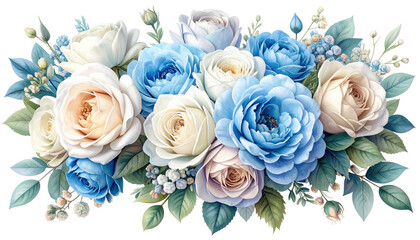 A lush floral arrangement showcasing roses in shades of blue and cream, greens