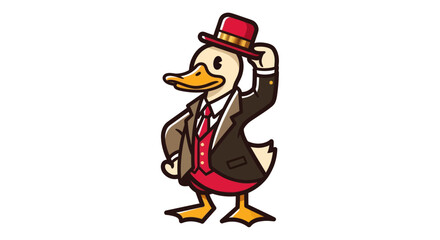 Cartoon duck wearing suit and hat isolated on white background