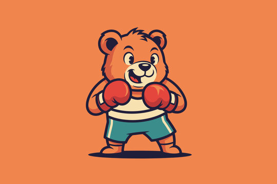 Cute cartoon bear wearing boxing gloves and shorts ready to figh