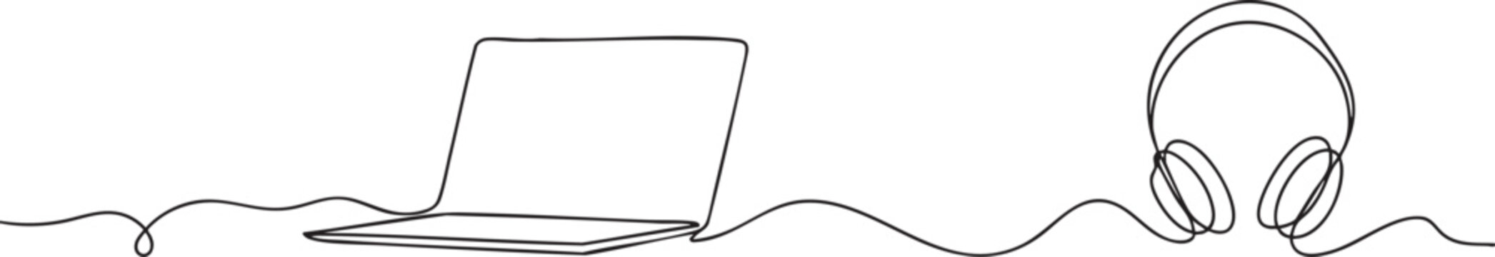 Continuous one line drawing of earphone and laptop in minimalist line art style &mdash; Vector illustration