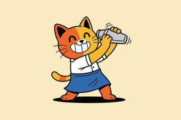 Happy cartoon cat bartender shaking cocktail with a shaker.