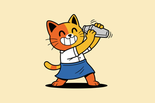 Happy cartoon cat bartender shaking cocktail with a shaker.