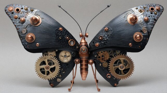 Intricate Steampunk Butterfly Mechanical Insect Artwork Grey Background