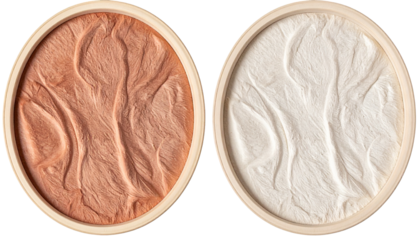 Two round beige palettes with textured powder, one tan and one white