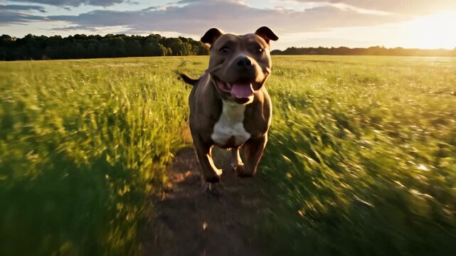 A happy dog running through a sunny meadow during golden hour portraying joyful outdoor activity and pet companionship