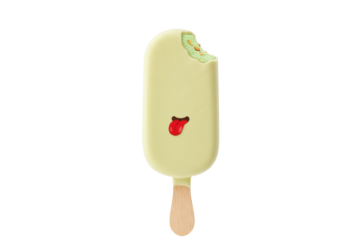 Pistachio ice cream bar with a bite isolated on transparent background, refreshing summer dessert with a red tongue design